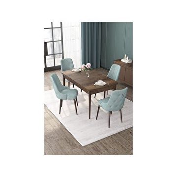 Canisa Nex Serisi MDF 80x13 cm2 Açılabilir Barok Ahşap Desen 4 Sandalye Gümüş Halkalı Su Yeşili Mutfak Masası Takımı