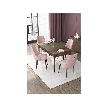 Canisa Nex Serisi MDF 80x132 cm Açılabilir Barok Ahşap Desen 4 Sandalye Gümüş Halkalı Pembe Mutfak Masası Takımı