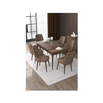 Canisa Nex Serisi MDF 80x132 cm Açılabilir Barok Ahşap Desen 6 Sandalye Gold Halkalı Kahverengi Mutfak Masası Takımı