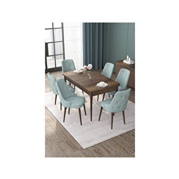 Canisa Nex Serisi MDF 80x132 cm Açılabilir Barok Ahşap Desen 6 Sandalye Gold Halkalı Kahverengi Mutfak Masası Takımı