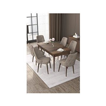 Canisa Nex Serisi MDF 80x132 cm Açılabilir Barok Ahşap Desen 6 Sandalye Gold Halkalı Kahverengi Mutfak Masası Takımı