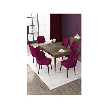 Canisa Nex Serisi MDF 80x132 cm Açılabilir Barok Ahşap Desen 6 Sandalye Gold Halkalı Kahverengi Mutfak Masası Takımı