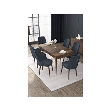 Canisa Nex Serisi MDF 80x132 cm Açılabilir Barok Ahşap Desen 6 Sandalye Gold Halkalı Kahverengi Mutfak Masası Takımı