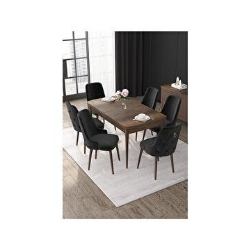Canisa Nex Serisi MDF 80x132 cm Açılabilir Barok Ahşap Desen 6 Sandalye Gold Halkalı Kahverengi Mutfak Masası Takımı
