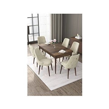 Canisa Nex Serisi MDF 80x132 cm Açılabilir Barok Ahşap Desen 6 Sandalye Gold Halkalı Krem Mutfak Masası Takımı