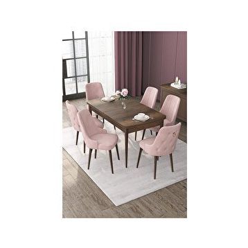 Canisa Nex Serisi MDF 80x132 cm Açılabilir Barok Ahşap Desen 6 Sandalye Gold Halkalı Pembe Mutfak Masası Takımı