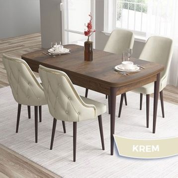 Canisa Nex Serisi MDF 80x132 cm Açılabilir Barok Ahşap Desen 6 Sandalye Gümüş Halkalı Krem Mutfak Masası Takımı