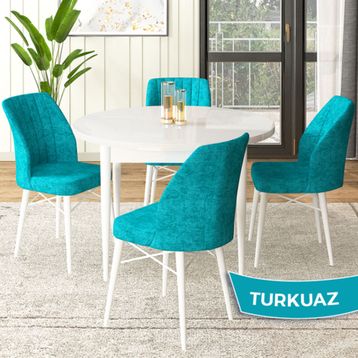 Canisa Nil Serisi Beyaz 70x110 cm Sabit Masa 4 Sandalye Turkuaz Mutfak Masası Takımı