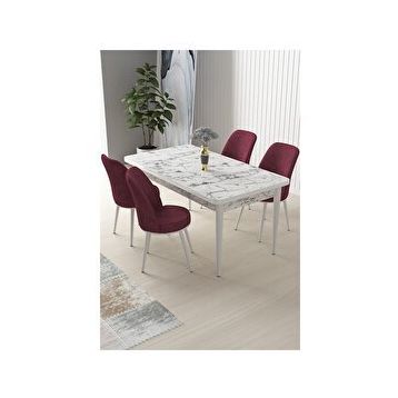 Canisa Nil Serisi Beyaz Mermer Desen 70x110 cm Sabit Masa 4 Sandalye Bordo Mutfak Masası Takımı