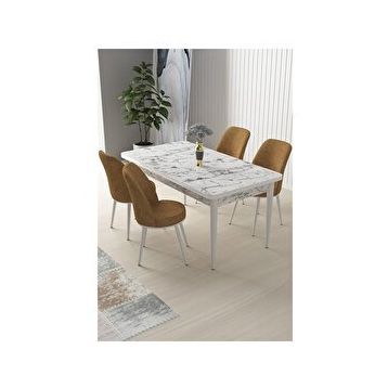 Canisa Nil Serisi Beyaz Mermer Desen 70x110 CM Sabit Masa 4 Sandalye Cappucino Mutfak Masası Takımı