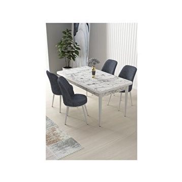 Canisa Nil Serisi Beyaz Mermer Desen 70x110 cm Sabit Masa 4 Sandalye Füme Mutfak Masası Takımı