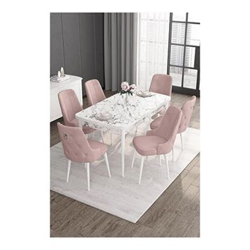 Canisa Noa Serisi 80x132 MDF Açılabilir Beyaz Mermer Desen Masa Takımı Gümüş Halkalı Pembe 6 Sandalye