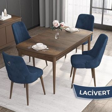 Canisa Noa Serisi MDF 80x132 cm Açılabilir Barok Ahşap Desen 4 Sandalye Gümüş Halkalı Lacivert Mutfak Masası Takımı