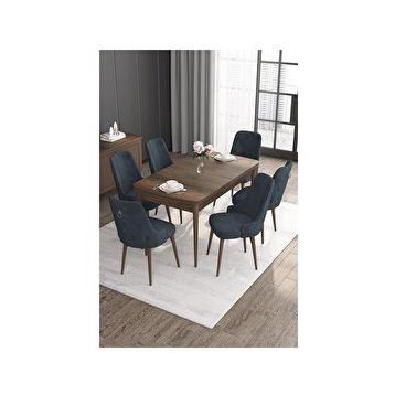 Canisa Noa Serisi MDF 80x132 cm Açılabilir Barok Ahşap Desen 6 Sandalye Gümüş Halkalı Antrasit Mutfak Masa Takımı