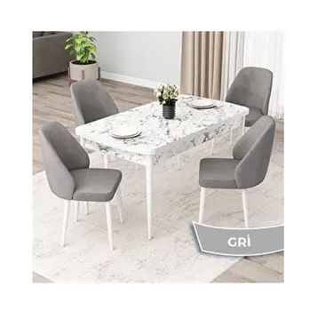 Canisa Orf Serisi 80x132 Açılabilir Beyaz Mermer Desen Mutfak Masası Takımı ve 4 Adet Gri Sandalye