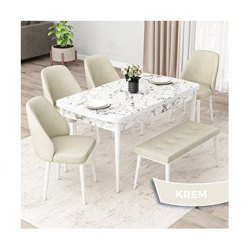 Canisa Orf Serisi 80x132 Açılabilir Beyaz Mermer Desen Mutfak Masası Takımı ve 4 Krem Sandalye ve Krem 1 Bench