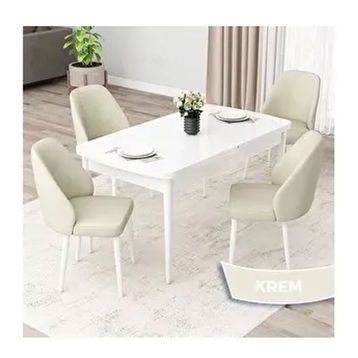 Canisa Orf Serisi 80x132 Açılabilir Beyaz Mutfak Masası Takımı ve 4 Adet Krem Sandalye