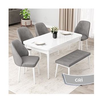 Canisa Orf Serisi 80x132 Açılabilir Beyaz Mutfak Masası Takımı ve 4 Gri Sandalye ve Gri 1 Bench