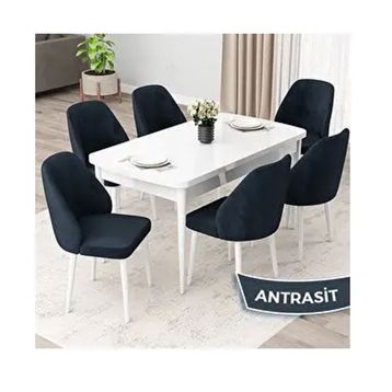 Canisa Orf Serisi 80x132 Açılabilir Beyaz Mutfak Masası Takımı ve 6 Adet Antrasit Sandalye