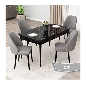 Canisa Orf Serisi 80x132 Açılabilir Siyah Mermer Desen Mutfak Masası Takımı ve 4 Adet Gri Sandalye