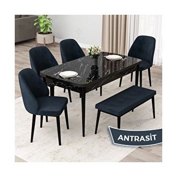 Canisa Orf Serisi 80x132 Açılabilir Siyah Mermer Desen Mutfak Masası Takımı ve 4 Antrasit Sandalye ve Antrasit 1 Bench