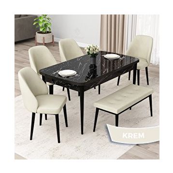 Canisa Orf Serisi 80x132 Açılabilir Siyah Mermer Desen Mutfak Masası Takımı ve 4 Krem Sandalye ve Krem 1 Bench