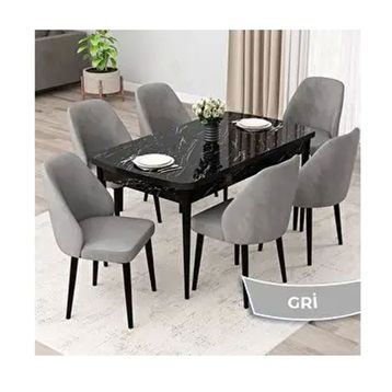 Canisa Orf Serisi 80x132 Açılabilir Siyah Mermer Desen Mutfak Masası Takımı ve 6 Adet Gri Sandalye