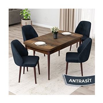Canisa Orf Serisi 80x132 cm Açılabilir Barok Ahşap Desen 4 Antrasit Sandalye Mutfak Masası Takımı