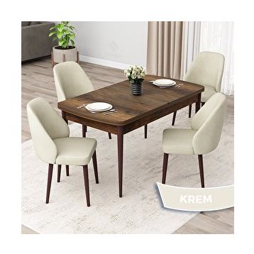 Canisa Orf Serisi 80x132 cm Açılabilir Barok Ahşap Desen 4 Krem Sandalye Mutfak Masası Takımı