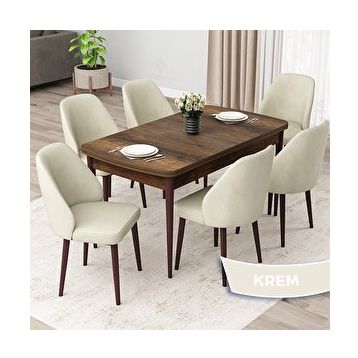 Canisa Orf Serisi 80x132 cm Açılabilir Barok Ahşap Desen 6 Krem Sandalye Mutfak Masası Takımı