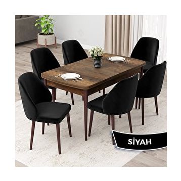 Canisa Orf Serisi 80x132 cm Açılabilir Barok Ahşap Desen 6 Siyah Sandalye Mutfak Masası Takımı