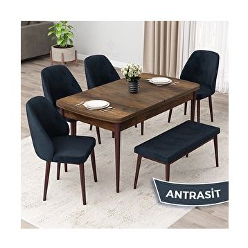 Canisa Orf Serisi 80x132 cm Açılabilir Barok Ahşap Desen ve 4 Antrasit Sandalye ve 1 Bench Mutfak Masası Takımı