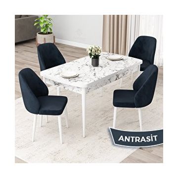 Canisa Orf Serisi 80x132 cm Açılabilir Beyaz Mermer Desen 4 Antrasit Sandalye Mutfak Masası Takımı