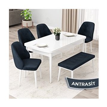 Canisa Orf Serisi 80x132 cm Açılabilir Beyaz Mermer Desen 4 Antrasit Sandalye Ve 1 Bench Mutfak Masası Takımı