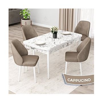 Canisa Orf Serisi 80x132 cm Açılabilir Beyaz Mermer Desen 4 Cappucino Sandalye Mutfak Masası Takımı