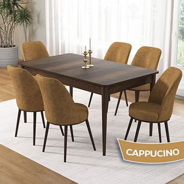 Canisa Pir Serisi 80x130 Siyah Mermer Desen Ceviz Ayak Masa Takımı ve 6 Adet Cappucino Sandalye