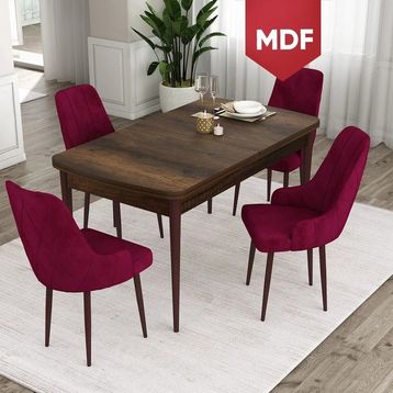 Canisa Ram Serisi 80x132 cm Açılabilir Barok Ahşap Desen 4 Sandalye Mürdüm Mutfak Masa Takımı