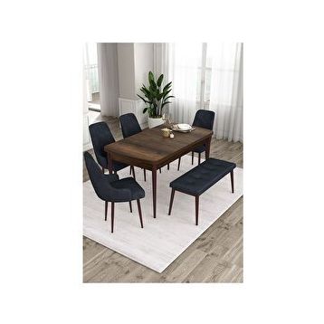 Canisa Ram Serisi, 80x132 cm Açılabilir Barok Ahşap Desen 4 Sandalye ve 1 Bench Antrasit Mutfak Masa Takımı