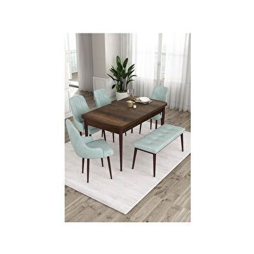 Canisa Ram Serisi 80x132 cm Açılabilir Barok Ahşap Desen 4 Sandalye ve 1 Bench Su Yeşili Mutfak Masa Takımı