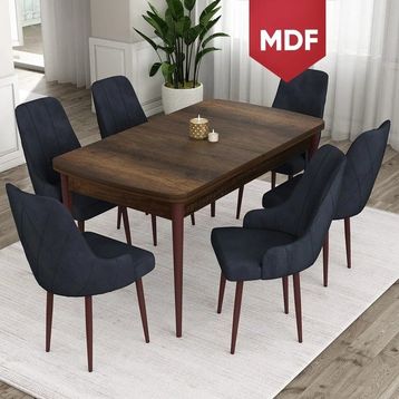 Canisa Ram Serisi 80x132 cm Açılabilir Barok Ahşap Desen 6 Sandalye Antrasit Mutfak Masa Takımı