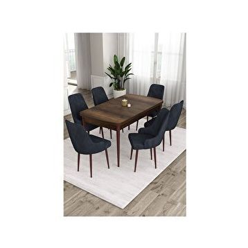 Canisa Ram Serisi 80x132 cm Açılabilir Barok Ahşap Desen 6 Sandalye Antrasit Mutfak Masa Takımı