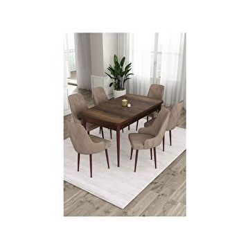 Canisa Ram Serisi 80x132 cm Açılabilir Barok Ahşap Desen 6 Sandalye Cappucino Mutfak Masa Takımı