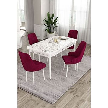 Canisa Ram Serisi 80x132 cm Açılabilir Beyaz Mermer Desen 4 Sandalye Mürdüm Mutfak Masa Takımı