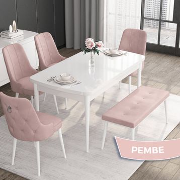 Canisa Ram Serisi 80x132 cm Açılabilir Beyaz Mermer Desen 6 Sandalye Pembe Mutfak Masa Takımı