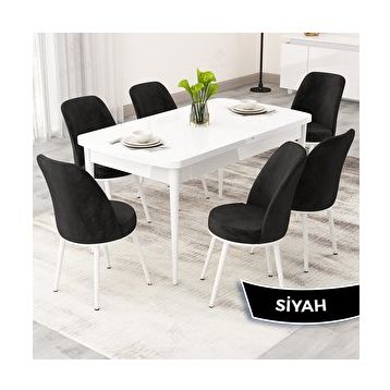 Canisa Rax Serisi 80x132 Açılabilir Beyaz Masa Ceviz Ayak Mutfak Masası Takımı ve 6 Adet Siyah Sandalye