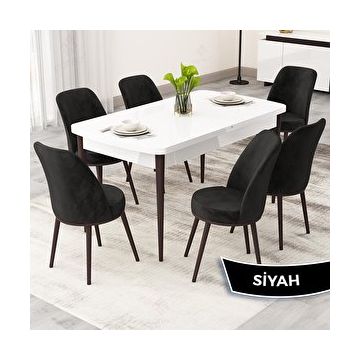 Canisa Rax Serisi 80x132 Açılabilir Beyaz Masa Ceviz Ayak Mutfak Masası Takımı ve 6 Adet Siyah Sandalye