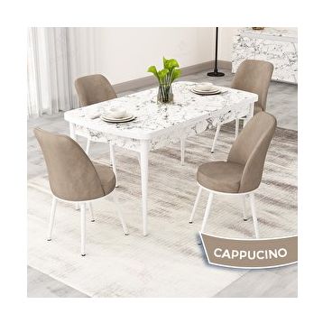 Canisa Rax Serisi 80x132 Açılabilir Beyaz Mermer Desen Mutfak Masası Takımı ve 4 Cappucino Sandalye