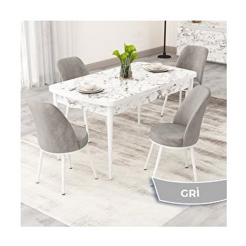 Canisa Rax Serisi 80x132 Açılabilir Beyaz Mermer Desen Mutfak Masası Takımı ve 4 Gri Sandalye