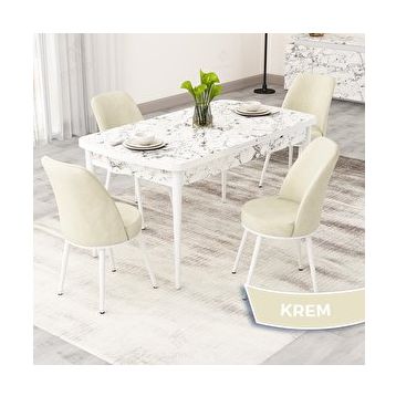 Canisa Rax Serisi 80x132 Açılabilir Beyaz Mermer Desen Mutfak Masası Takımı ve 4 Krem Sandalye