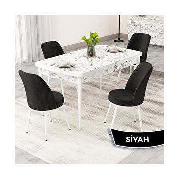 Canisa Rax Serisi 80x132 Açılabilir Beyaz Mermer Desen Mutfak Masası Takımı ve 4 Siyah Sandalye